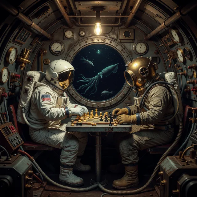 An astronaut and a deep-sea diver playing chess together inside a submarine. - Grok Imagine