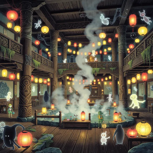 An enchanted bathhouse with glowing lanterns and spirits. Recreate the visual style of… - XAI Grok Imagine