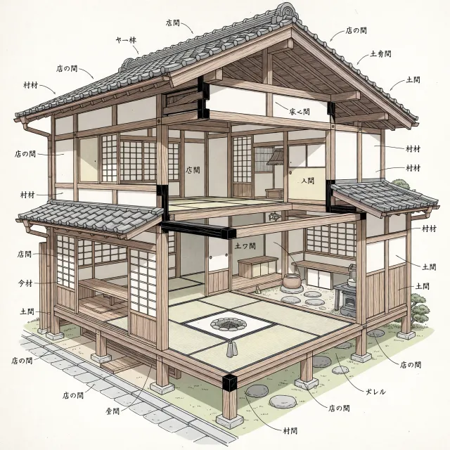 Cutaway architectural drawing of a traditional Japanese machiya townhouse showing all rooms and structural elements. Include accurate proportions, traditional joinery, and typical spatial organization. - Grok Imagine