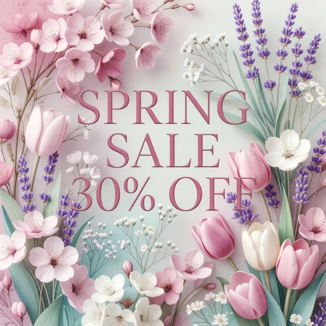 Instagram post graphic: 'SPRING SALE 30% OFF'. Floral background, pastel colors, elegant serif font style visually integrated. - Grok Imagine