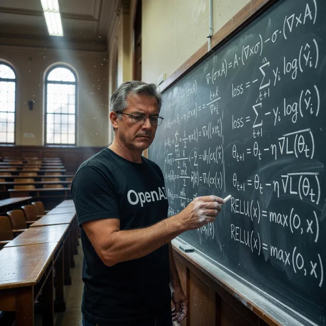 Photorealistic depiction of a man wearing a clearly visible black OpenAI-branded T-shirt. He is standing at the front of a university lecture hall, writing complex mathematics and AI-related equations across a large, dusty chalkboard filled with notation - Grok Imagine
