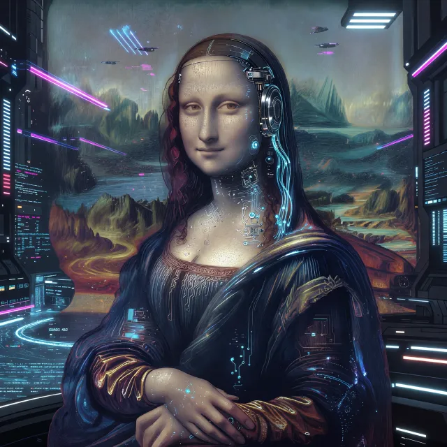 The Mona Lisa reimagined as a futuristic android, rendered in a digital art style that preserves Da Vinci's composition while incorporating sleek cyberpunk aesthetics and technological elements. - Grok Imagine