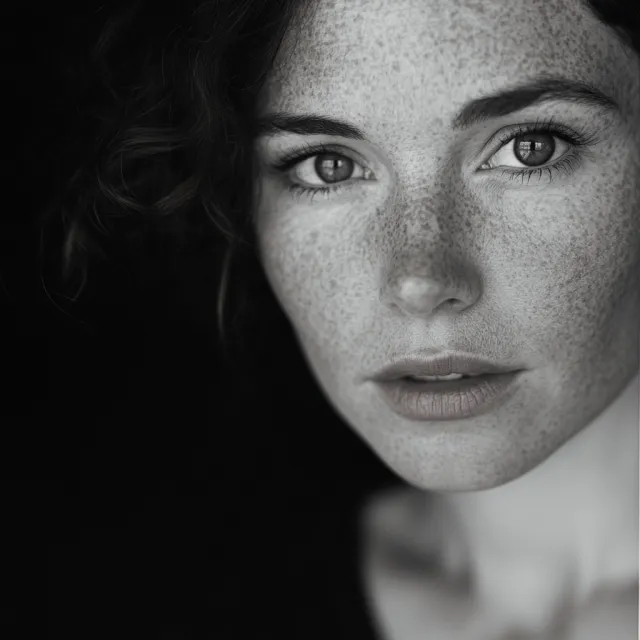 A black and white close-up portrait of a freckled woman with an intense gaze - Midjourney V6.1