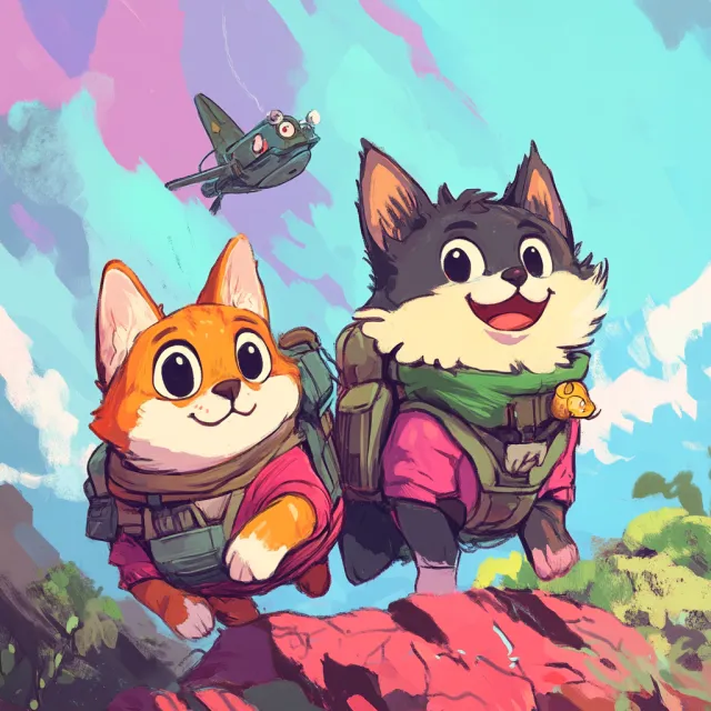 A cartoon of a cat and a dog on an adventure, drawn in a colorful 2D style - Midjourney V6.1