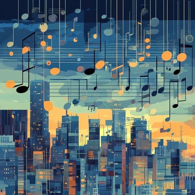 A city skyline that forms the shape of musical notes on a staff, created in a stylized graphic design aesthetic with clean architectural lines and dramatic twilight colors. - Midjourney V6.1