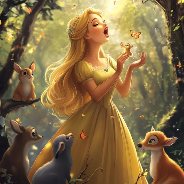 A classic Disney-like 2D cartoon princess singing with animals in a forest - Midjourney V6.1