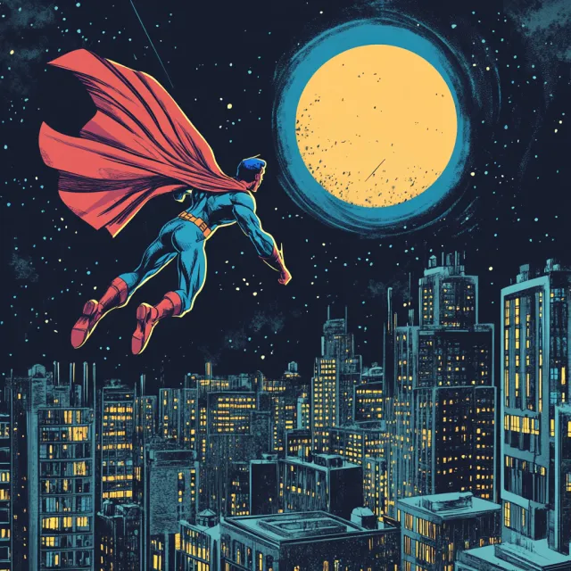 A comic-book style superhero flying over a city at night, with halftone shading - Midjourney V6.1