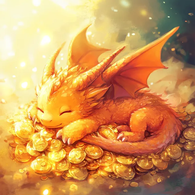 A cute chibi-style dragon sleeping on a pile of gold - Midjourney V6.1