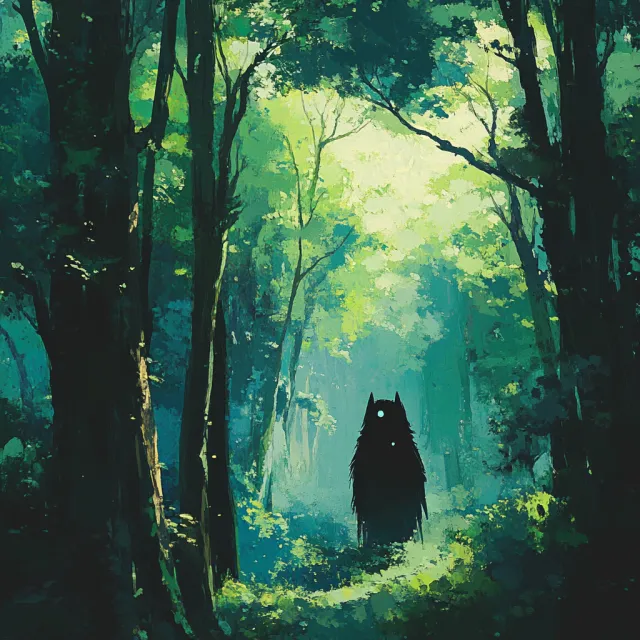 A forest spirit standing among tall trees. Replicate the artistic style of 'Princess… - Midjourney V6.1