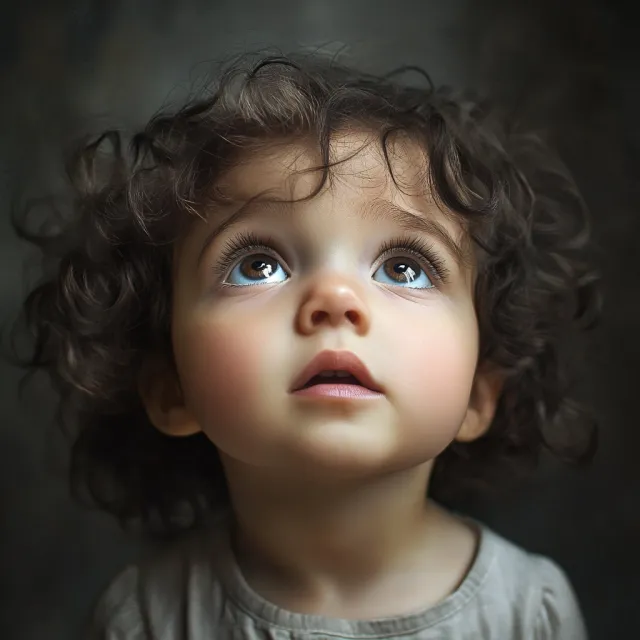 A hyper-realistic photo of a toddler with curly hair and big eyes, looking upward - Midjourney V6.1