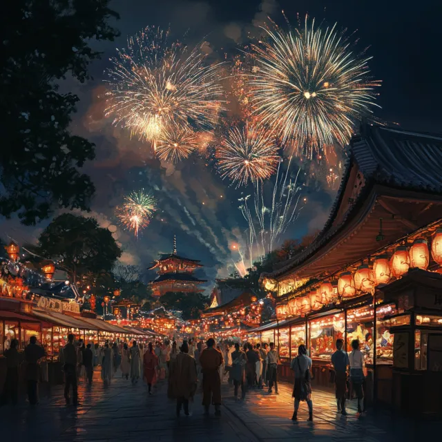 A nighttime festival with fireworks in the sky, food stalls lined up, and crowds mingling - Midjourney V6.1