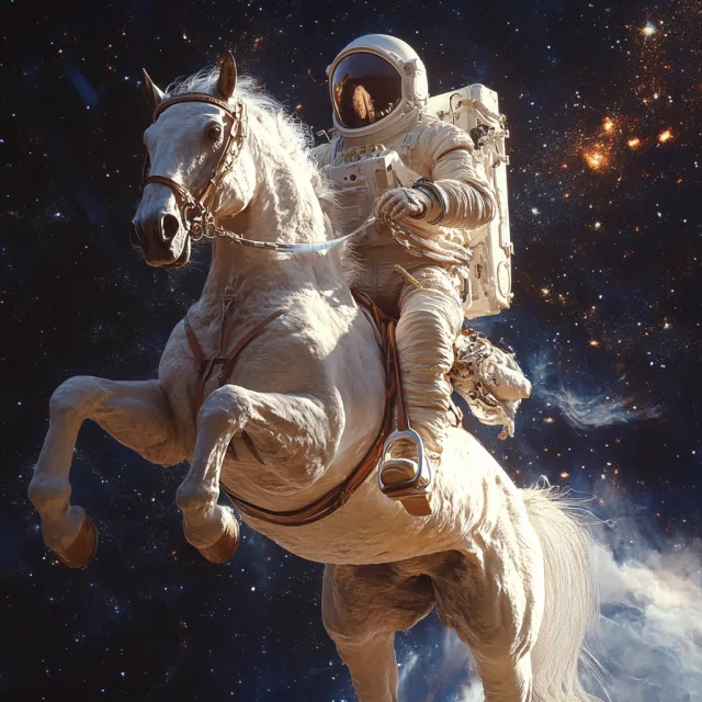 A realistic astronaut being ridden by a horse, photorealistic depiction in outer space… - Midjourney V6.1
