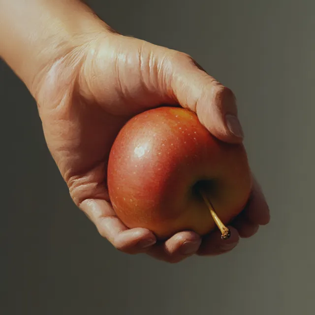 A realistic photo of a hand holding a red apple, with all fingers clearly visible - Midjourney V6.1