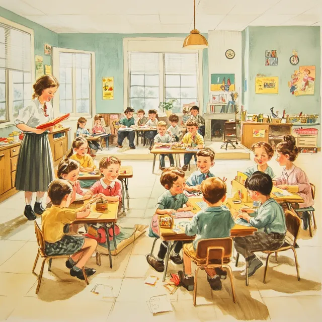 A school classroom of children and a teacher, each student engaged in a different activity. - Midjourney V6.1