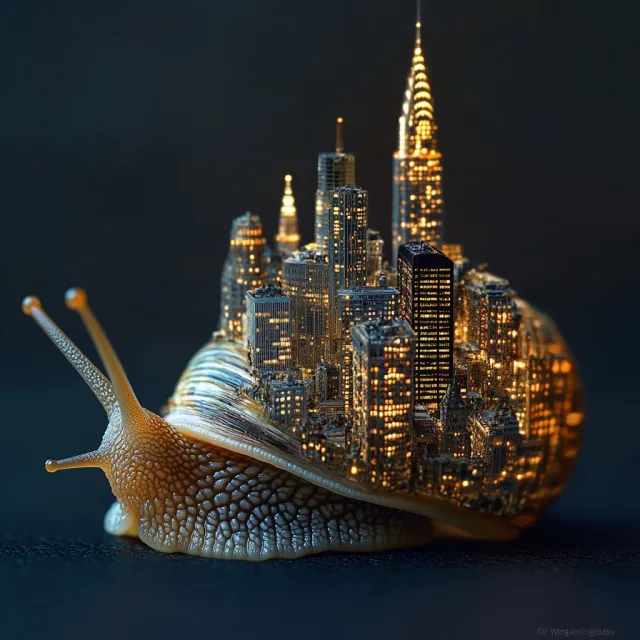 A snail whose shell contains a miniature city skyline, depicted in a hyperrealistic macro… - Midjourney V6.1