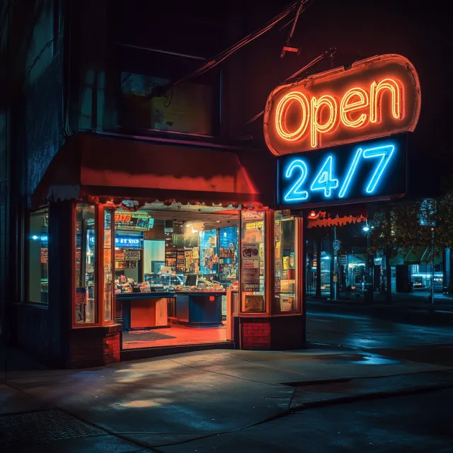 A storefront sign that says "Open 24/7" in neon lights, nighttime urban photography - Midjourney V6.1