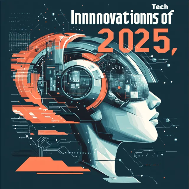 A technology magazine cover featuring the headline "Tech Innovations of 2025," clean modern design style. - Midjourney V6.1