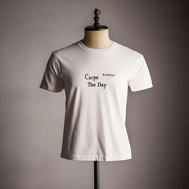 A wrinkled white T-shirt with "Carpe Diem" in bold serif font and "Seize The Day" in… - Midjourney V6.1
