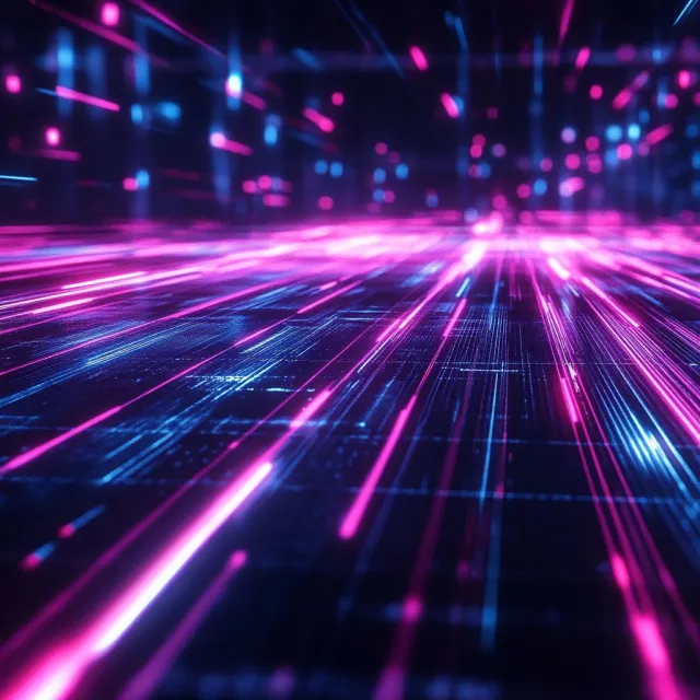 Abstract background graphic, cyberpunk aesthetic, neon pink/blue light trails on dark… - Midjourney V6.1