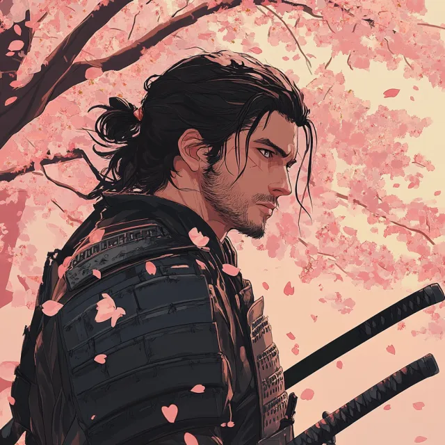 An anime-style portrait of a samurai standing under pink cherry blossoms - Midjourney V6.1