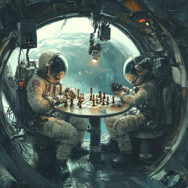 An astronaut and a deep-sea diver playing chess together inside a submarine - Midjourney V6.1