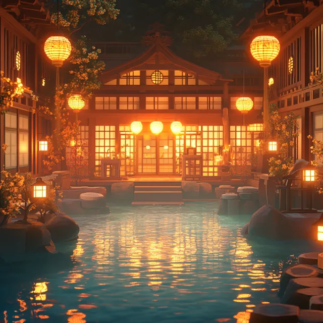 An enchanted bathhouse with glowing lanterns and spirits. Recreate the visual style of… - Midjourney V6.1
