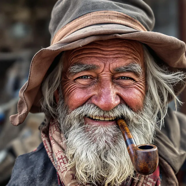 A 4K photo of an old fisherman with a weathered face and a pipe, grinning - Black Forest Labs Flux 1.1 Pro Ultra