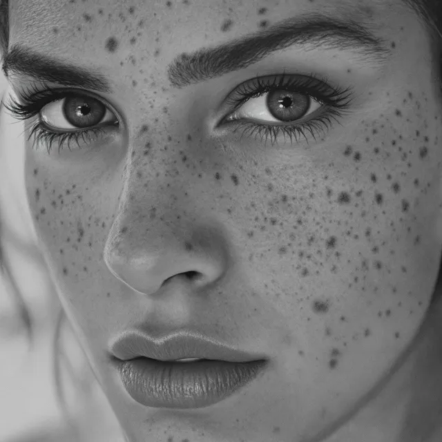 A black and white close-up portrait of a freckled woman with an intense gaze - Black Forest Labs Flux 1.1 Pro Ultra