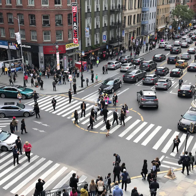 A busy city intersection with cars, pedestrians, and street performers all in one frame - Black Forest Labs Flux 1.1 Pro Ultra