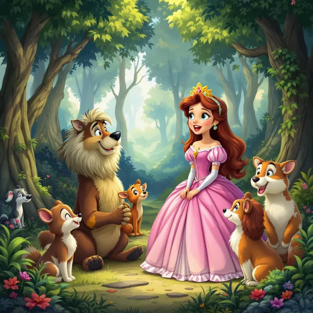 A classic Disney-like 2D cartoon princess singing with animals in a forest - Black Forest Labs Flux 1.1 Pro Ultra