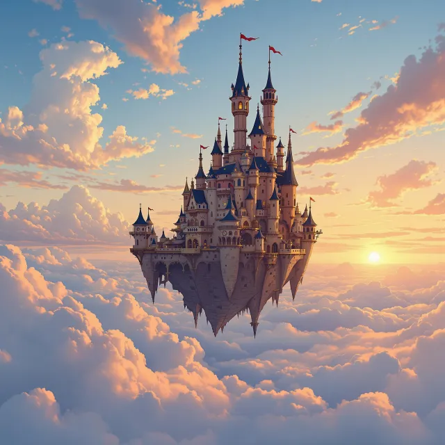 A flying castle floating in clouds at sunrise. Match the visual aesthetic of 'Howl's… - Black Forest Labs Flux 1.1 Pro Ultra