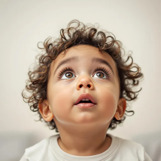 A hyper-realistic photo of a toddler with curly hair and big eyes, looking upward. - Flux 1.1 Pro Ultra