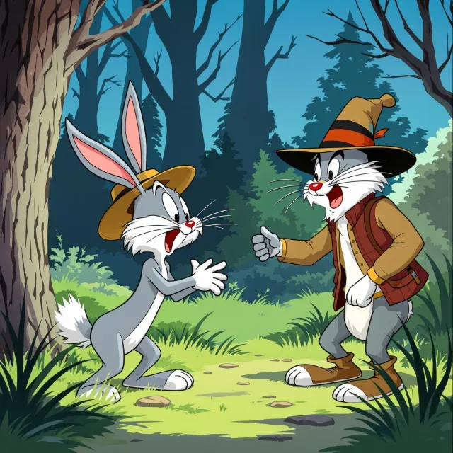 A Looney Tunes-inspired cartoon scene of a clever rabbit tricking a hunter - Black Forest Labs Flux 1.1 Pro Ultra