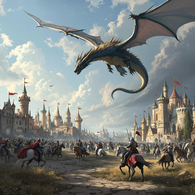 A medieval battlefield with knights on horseback and a dragon flying overhead. - Flux 1.1 Pro Ultra