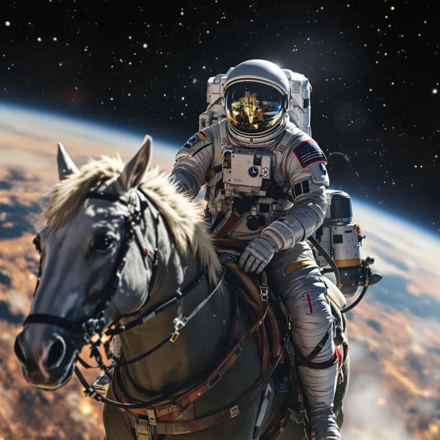 A realistic astronaut being ridden by a horse, photorealistic depiction in outer space… - Black Forest Labs Flux 1.1 Pro Ultra