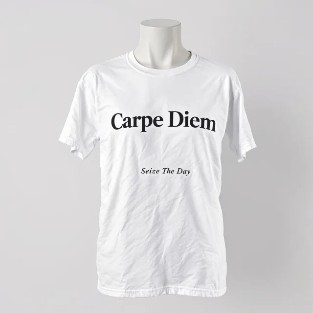 A wrinkled white T-shirt with "Carpe Diem" in bold serif font and "Seize The Day" in… - Black Forest Labs Flux 1.1 Pro Ultra