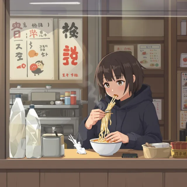 An anime scene of a character eating ramen at a small shop counter (slice-of-life style) - Black Forest Labs Flux 1.1 Pro Ultra