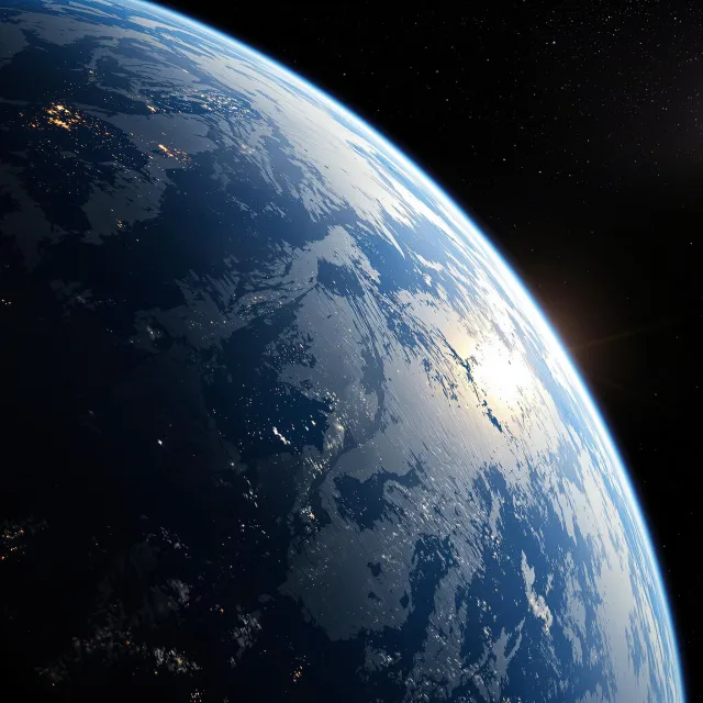 Photorealistic aerial photograph clearly showing the edge of the Earth from space, capturing realistic curvature, atmosphere, and sunlight reflections - Flux 1.1 Pro Ultra