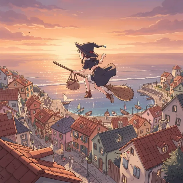 A young witch flying on a broomstick above a coastal town at sunset. Exact art style of 'Kiki's Delivery Service' by Studio Ghibli, with Miyazaki's character design and warm colors. - Flux 2 Pro