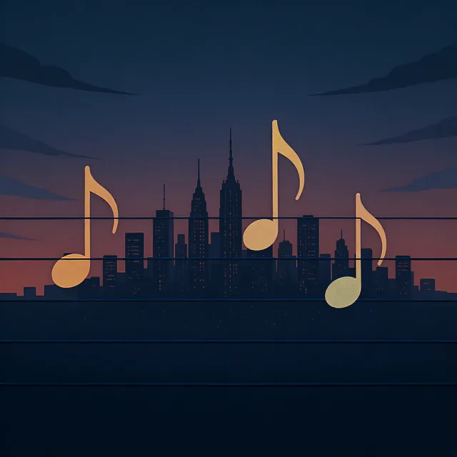 A city skyline that forms the shape of musical notes on a staff, created in a stylized… - Black Forest Labs FLUX.1 Kontext Max