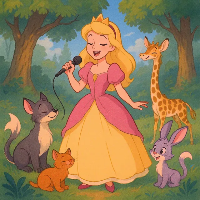 A classic Disney-like 2D cartoon princess singing with animals in a forest - Black Forest Labs FLUX.1 Kontext Max