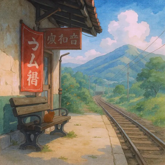 A countryside train station with a cat waiting on a bench. Rendered in Studio Ghibli animation style with Miyazaki's watercolor backgrounds and hand-drawn quality. - FLUX.1 Kontext Max
