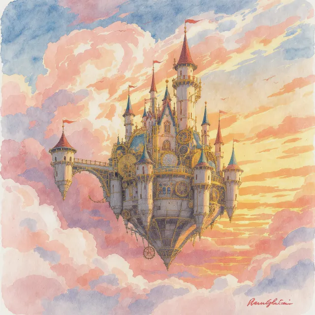 A flying castle floating in clouds at sunrise. Match the visual aesthetic of 'Howl's… - Black Forest Labs FLUX.1 Kontext Max