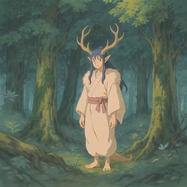 A forest spirit standing among tall trees. Replicate the artistic style of 'Princess… - Black Forest Labs FLUX.1 Kontext Max