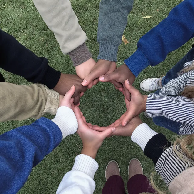 A group of five people joining hands in a circle, seen from above - Black Forest Labs FLUX.1 Kontext Max
