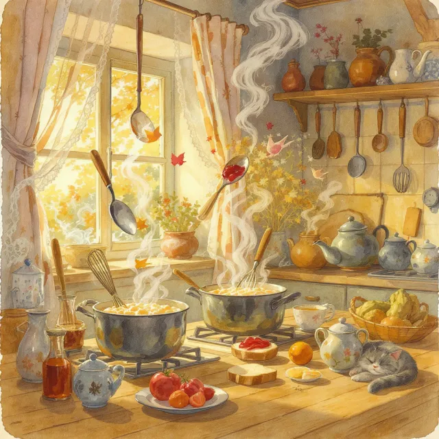 A kitchen with magical cooking implements preparing breakfast. Duplicate the artistic style of Studio Ghibli's domestic scenes, with Miyazaki's detailed settings and warm lighting. - FLUX.1 Kontext Max