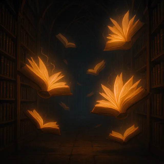 A library where the books are glowing and floating in mid-air, illustrated in a magical… - Black Forest Labs FLUX.1 Kontext Max