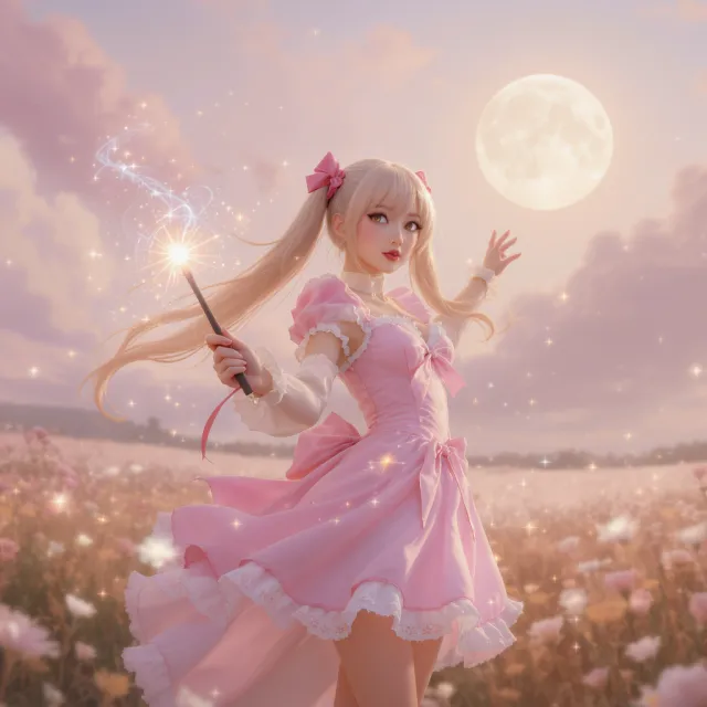 A magical girl character in a frilly dress, casting a spell (classic anime trope). - FLUX.1 Kontext Max
