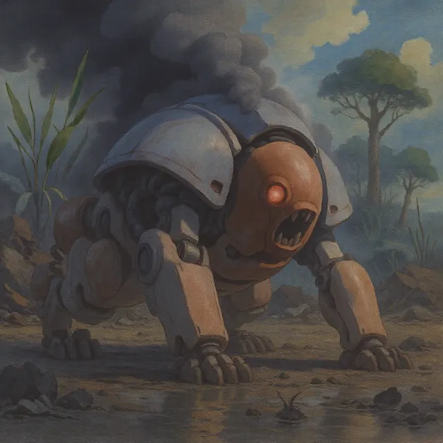 A mechanical creature in a polluted landscape. Capture the visual aesthetic of 'Nausicaä'… - Black Forest Labs FLUX.1 Kontext Max