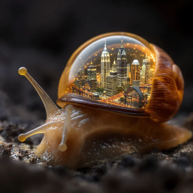 A snail whose shell contains a miniature city skyline, depicted in a hyperrealistic macro… - Black Forest Labs FLUX.1 Kontext Max